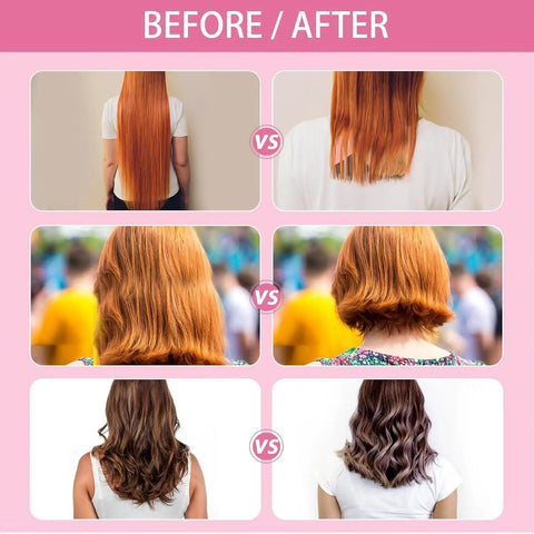 Before and after images showcasing hair transformations using Pink Cordless Hair Trimmer Kit For Women To Snip Split Ends And Trim Bangs Or Bobs At Home With Professional Stainless Steel Blades Easy DIY Haircut Tool For Layers And Touch Ups Perfect Gift Idea.