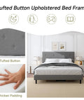 Queen Size Linen Bed Frame With Adjustable Headboard Grey Upholstered Design featuring tufted buttons and thick padding.