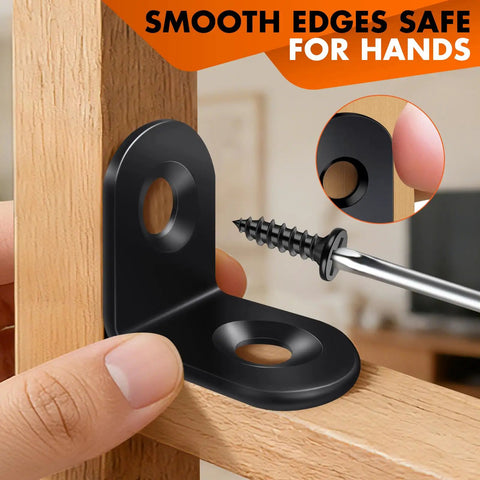 Close-up of a black L bracket with screw being installed, part of the All In One Value Kit With 40 Black L Brackets And 80 Screws Stainless Steel 90 Degree Right Angle Corner Braces For Shelves Cabinets And Furniture Easy DIY Install No Trips To The Hardware Store.