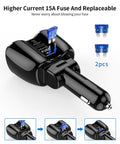 Close-up of Beefed Up 180W Dual Cigarette Lighter Splitter with shown replaceable 15A fuse and socket.