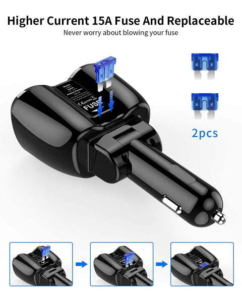 Close-up of Beefed Up 180W Dual Cigarette Lighter Splitter with shown replaceable 15A fuse and socket.