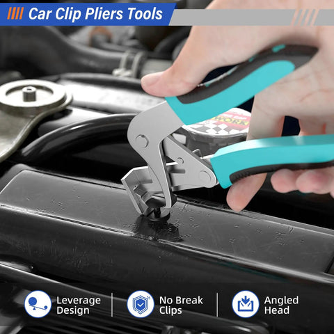 Straight Up Pro Grade Car Clip Pliers grasping a fastener on a car's surface with an ergonomic handle for easy use.
