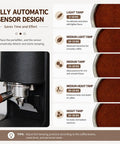 Electric 58mm Espresso Tamper With Adjustable Pressure And Auto Height Stand For Leveling Up Your Coffee Setup And Pulling Consistent Shots That Truly Hit Different In Classic White showing automatic sensor design and tamping pressure guide.