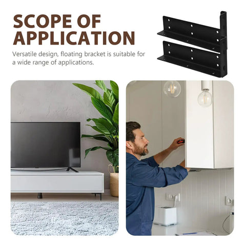Image showing Floating Shelf Brackets Invisible Installation No Fuss Two Pack Wall Mounted Heavy Duty Iron Supports in home setting.