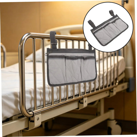 Bed Rail Organizer With 4 Pockets And Cup Holder, Universal Bedside Caddy in gray on a hospital bed with dark trim detail