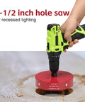 Six Point Five Inch Hole Saw With 30 Mm Cutting Depth HSS Bi Metal Pro Grade in use on a drill, cutting wood.