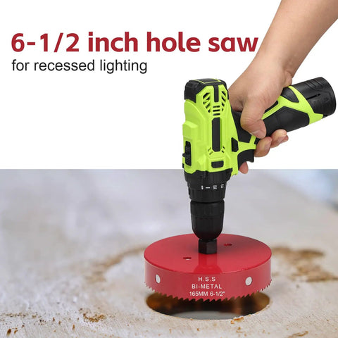 Six Point Five Inch Hole Saw With 30 Mm Cutting Depth HSS Bi Metal Pro Grade in use on a drill, cutting wood.