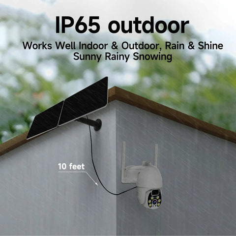 Outdoor 4G LTE Solar Security Camera With 1080P Spotlight Color Night Vision installed under solar panel, showing IP65 waterproof build