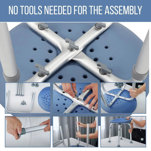 Height Adjustable Bath And Shower Chair For Seniors With Ergonomic PUR Foam Seat Non Slip Feet And A Sturdy Shower Stool For Elderly Safety Comfort No Fuss Tool Free Assembly Easy To Use shown in various assembly stages.