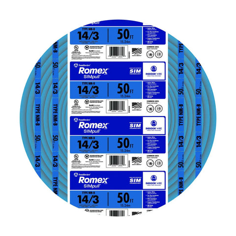 SIMpull Solid Indoor 14/3 W/G NM-B Copper Building Wire 100 Ft Coil For Residential Wiring With Easy Pull Jacket