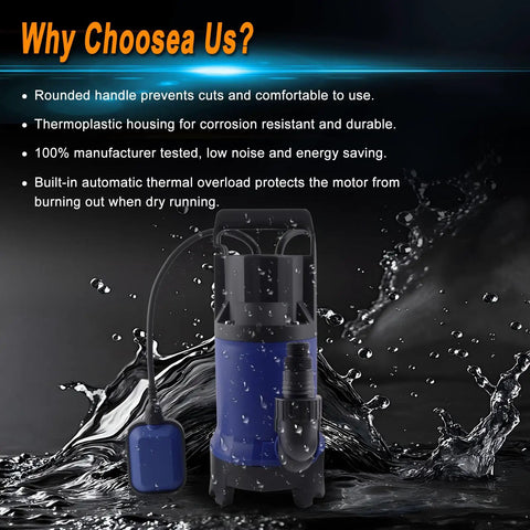 Submersible Sump Pump 1100W High Flow 4000 GPH for pool pond rooftops drainage with thermoplastic housing in splash background