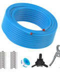 Three Quarter Inch Shop Air Line Kit With 100 Ft HDPE Aluminum Hose Blue For Garage Air Compressors, Built Tough High Pressure Piping Up To 200 Psi, Corrosion Resistant 3 Layer Tubing HDPE Aluminum HDPE Meets ASTM F1282 F1974 displayed with hose and tools