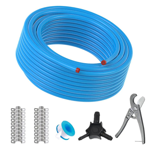 Three Quarter Inch Shop Air Line Kit With 100 Ft HDPE Aluminum Hose Blue For Garage Air Compressors, Built Tough High Pressure Piping Up To 200 Psi, Corrosion Resistant 3 Layer Tubing HDPE Aluminum HDPE Meets ASTM F1282 F1974 displayed with hose and tools