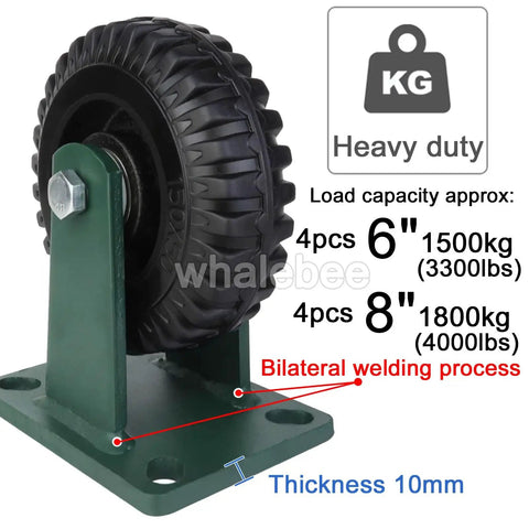 Legit Heavy Duty 6 And 8 Inch Swivel And Fixed Caster Wheels Set Of 4 with rubber tire and green metal base, showing load capacity.