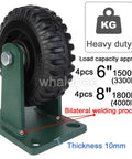 Heavy Duty Caster Wheels Set Of 4 Solid Rubber Industrial Swivel Casters With Locking Brakes Built Tough Thick Steel Plate No Sweat Ride Thrust Bearing For Shop Gear with 6 inch rubber wheel and green base.