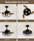 Farmhouse Rustic 36 Inch Ceiling Fan With Lights, DC Motor, retractable caged blades, light on and off views
