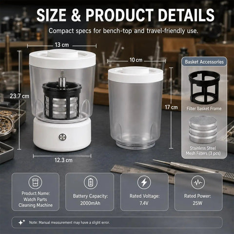 Premium Watch Cleaning Machine And Parts Dryer With 360 Degree Ultrasonic Tech, compact size 23.7 cm by 12.3 cm.
