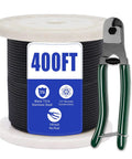 Pro Grade Black Stainless Steel Cable Railing For Outdoor Decks Features Slick 1/8 Inch 7X7 Strand Wire With Rust Resistant Coating And Heavy Duty Cable Cutter Included For Smooth Custom Setup Over Four Hundred Feet Of Fencing, displayed with 400ft spool and cable cutter.