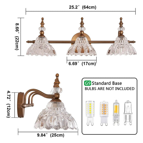 Matte Brass Vanity Light Over Mirror With Two Lights, Modern Wall Sconce dimensions, flower shaped glass shade, G9 base info