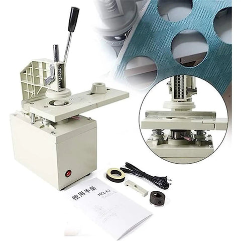 Pro Electric Curtain Punch Machine With Knives For Workshop Cutting And Punching Blinds Tools 48mm And 53mm Dies Heavy Duty showing cutting holes in fabric.