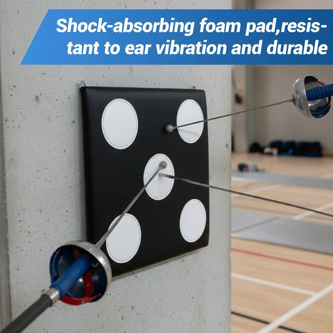 PU Leather Square Fencing Target Pad With Five Bullseyes mounted on wall, used for saber, foil, and epee training.