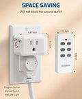 Wireless Outlet Switch Kit With 3 Outlets Remote Control For Easy Plug And Play Home Automation 100 Foot Range Ideal For Elderly And Pregnant Women At Home image showing compact outlet and remote with dimensions.