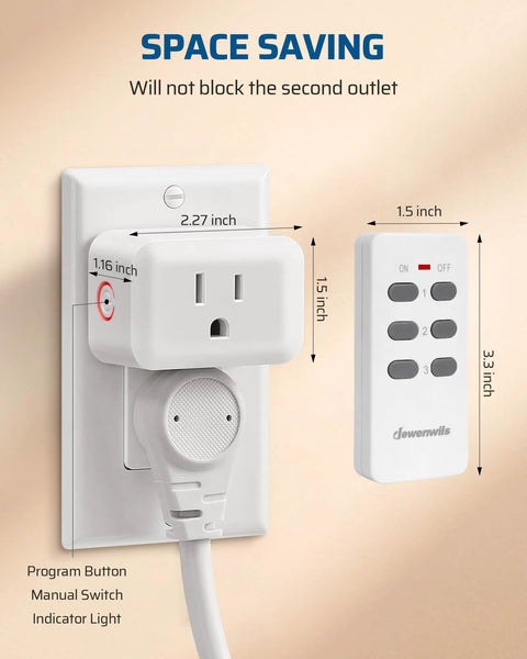 Wireless Outlet Switch Kit With 3 Outlets Remote Control For Easy Plug And Play Home Automation 100 Foot Range Ideal For Elderly And Pregnant Women At Home image showing compact outlet and remote with dimensions.