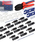 Solar Crimping Tool Kit For Solar Panel Cables, Includes 12-Pair Connectors And 2 Spanner Wrenches, tools shown on display.