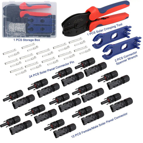 Solar Crimping Tool Kit For Solar Panel Cables, Includes 12-Pair Connectors And 2 Spanner Wrenches, tools shown on display.