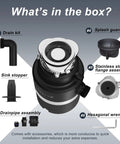 Ultra Quiet 1 HP Continuous Feed Garbage Disposal With Sound Reduction Technology Power Cord Included Stainless Steel Flange Splash Guard And Wrench Included Black Powerful DC Motor For Fast Grinding And Reliable Everyday Use showing components including drain kit, splash guard, and hexagonal wrench.