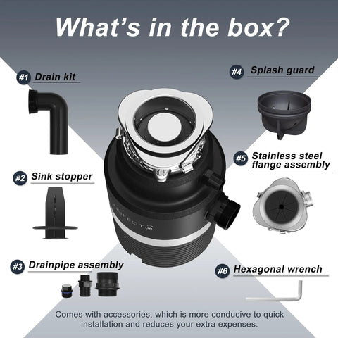 Ultra Quiet 1 HP Continuous Feed Garbage Disposal With Sound Reduction Technology Power Cord Included Stainless Steel Flange Splash Guard And Wrench Included Black Powerful DC Motor For Fast Grinding And Reliable Everyday Use showing components including drain kit, splash guard, and hexagonal wrench.