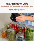 Person using VacuFresh Electric Mason Jar Vacuum Sealer Kit For Wide Mouth And Regular Mouth Jars Cordless Portable Food Storage Solution Includes 10 Lids Opener And Charger to seal jars of various foods on a counter.