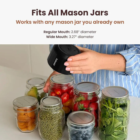 Person using VacuFresh Electric Mason Jar Vacuum Sealer Kit For Wide Mouth And Regular Mouth Jars Cordless Portable Food Storage Solution Includes 10 Lids Opener And Charger to seal jars of various foods on a counter.