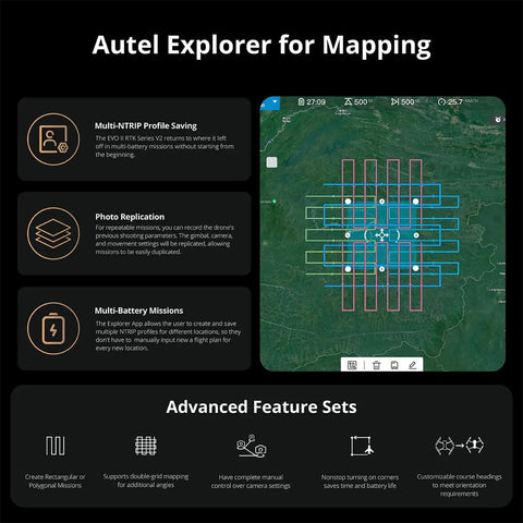 Autel Explorer mapping features for EVO II V2 Pro 6K Rugged Drone Bundle with multi-mission capabilities displayed on screen.