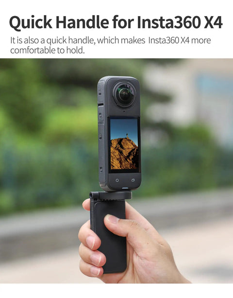 Hand holding Quick Handle for Insta360 X4 camera, showcasing device stability with scenic background.