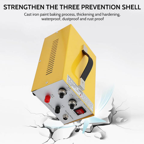 30A Jewelry Spot Welder For Gold Silver Platinum And Steel Necklaces, yellow shell, control knobs, and handle visible