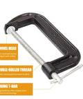 Heavy Duty Beefy 4 Pack 6 Inch C Clamp Set With Malleable Iron Build, 1350 Lbs Clamping Power, showcasing swivel head feature.