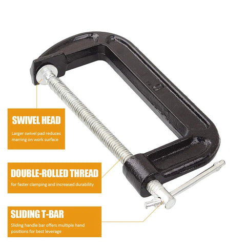 Heavy Duty Beefy 4 Pack 6 Inch C Clamp Set With Malleable Iron Build, 1350 Lbs Clamping Power, showcasing swivel head feature.