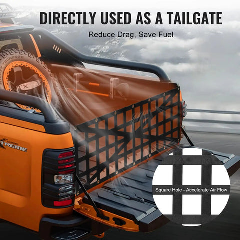 Heavy Duty Truck Tailgate Cargo Net For Tesla Cybertruck used as tailgate, showing square holes for airflow and securement.