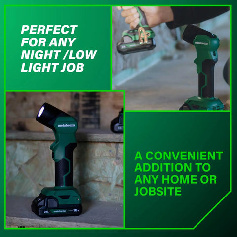 18V MultiVolt Cordless LED Flashlight With 250 Lumens High, 120 Lumens Low, angled for precision, perfect for job sites and home.