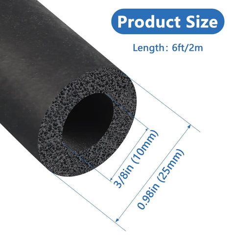Pipe Insulation Foam Tube Three Eighths Inch ID One Inch OD Approximately One Meter Long For DIY Projects Keeps Heat In And Fights Cold Weather Foam Tubing For Guitar Racks Utensils Roof Racks Black shown with size dimensions.