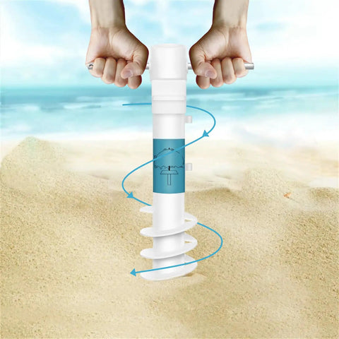Heavy Duty Beach Umbrella Sand Anchor Base With 5 Spiral Screw Design And Removable Stainless Steel Handle in sand on beach