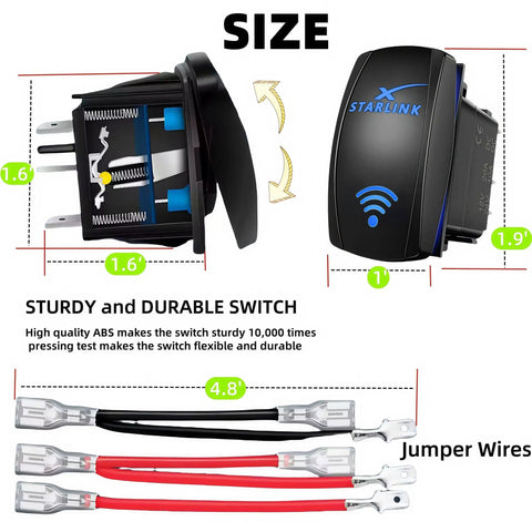 Weatherproof 20A 12V 5 Pin SPST On Off Rocker Switch For Satellite Internet Dishes, jumper wires, dimensions shown