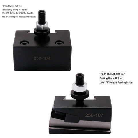 Close-up of 250-104 boring bar holder and 250-107 parting blade holder from 11 Piece Wedge Type Quick Change Lathe Tool Post Set.