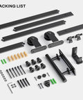 Heavy Duty Ten Foot Barn Door Hardware Kit With Sliding Track For Single Door Including Door Handle And Floor Guide Solid Steel Construction With Black Powder Coat Finish For Anti Corrosion Longevity Includes Rails Spacers Rollers Stops components displayed