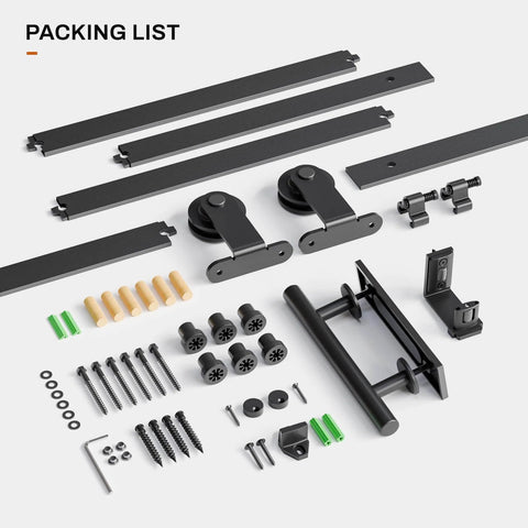 Heavy Duty Ten Foot Barn Door Hardware Kit With Sliding Track For Single Door Including Door Handle And Floor Guide Solid Steel Construction With Black Powder Coat Finish For Anti Corrosion Longevity Includes Rails Spacers Rollers Stops components displayed