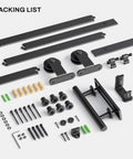 6 Ft Sliding Barn Door Hardware Kit With Heavy Duty Track System Spliced Rails Floor Guide 2 Rollers 2 Door Stops And 1 Door Handle Solid Steel With Black Powder Coat For Corrosion Resistant Longevity, disassembled view with components including spliced rails, door handle, and mounting hardware