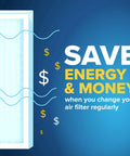 Graphic showing air flow and savings symbol with text 'Save Energy & Money' next to a 20x20x1 Air Filter MPR 1200 MERV 11.