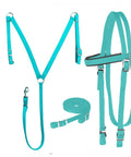 Nylon Padded Equestrian Browband Headstall With Reins And Breast Collar Set For Horse, Full Turquoise, Durable 2-Ply Nylon