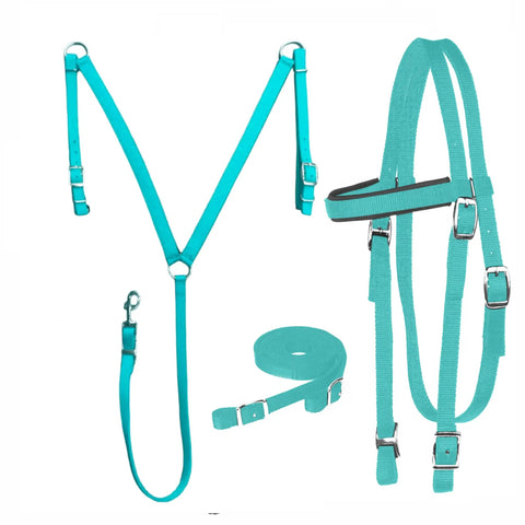 Nylon Padded Equestrian Browband Headstall With Reins And Breast Collar Set For Horse, Full Turquoise, Durable 2-Ply Nylon